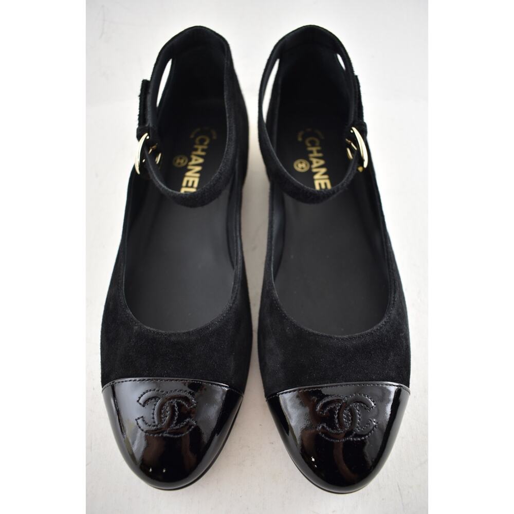 Chanel 24K Black Suede Patent CC Mary Jane Ankle Strap Ballerina Ballet Flat 40 - Picture 9 of 16